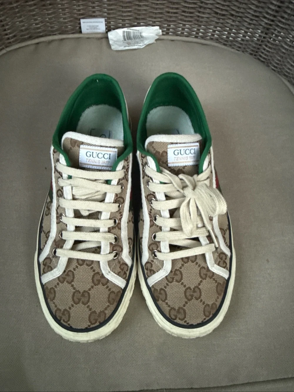 Gucci Brown GG Canvas Sneakers with Green Interior and Red Accent